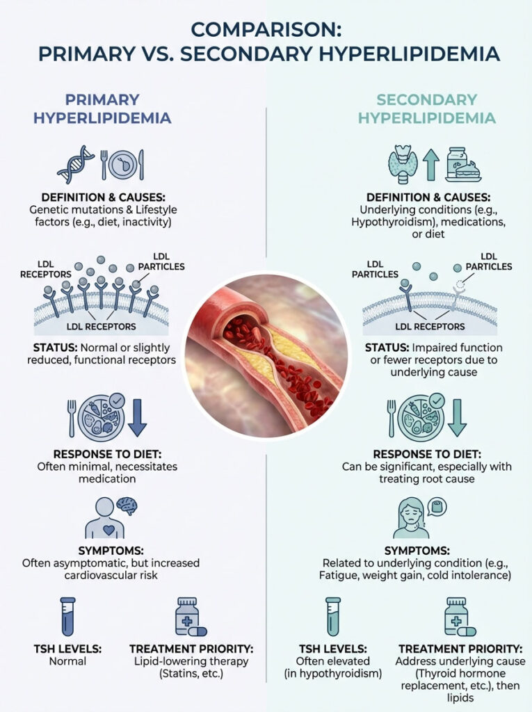 Comparison infographic detailing primary vs. secondary hyperlipidemia with definitions, causes, and symptoms.