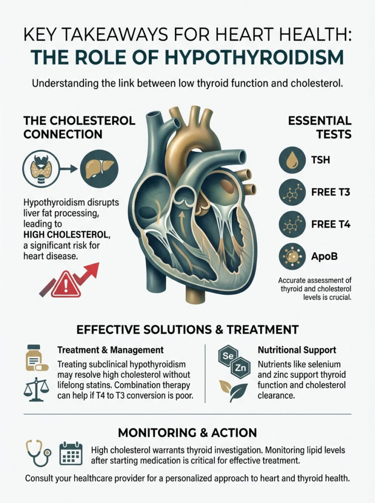 Infographic showing the link between hypothyroidism and cholesterol, with charts and essential tests for heart health.