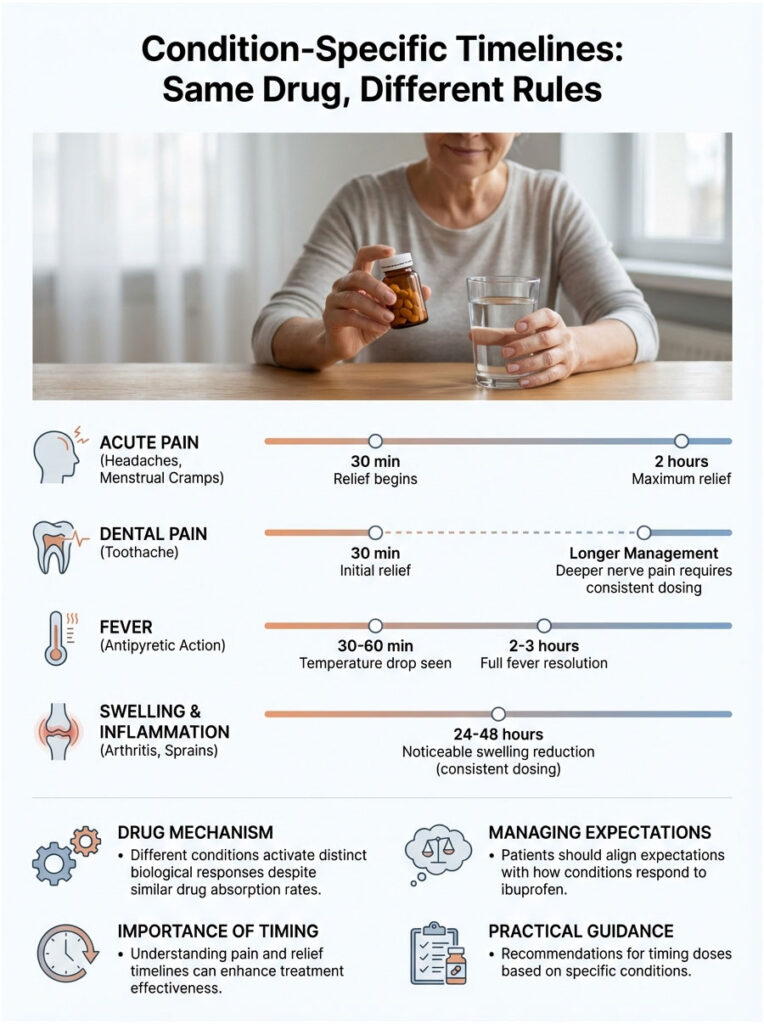 Infographic showing condition-specific timelines for drug relief: acute pain, dental pain, fever, swelling, and inflammation.