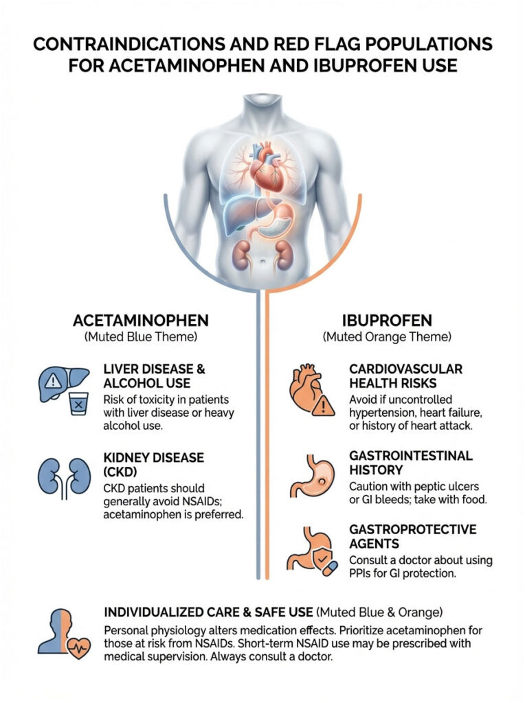 Infographic showing contraindications for acetaminophen and ibuprofen use, including health risks and patient populations.