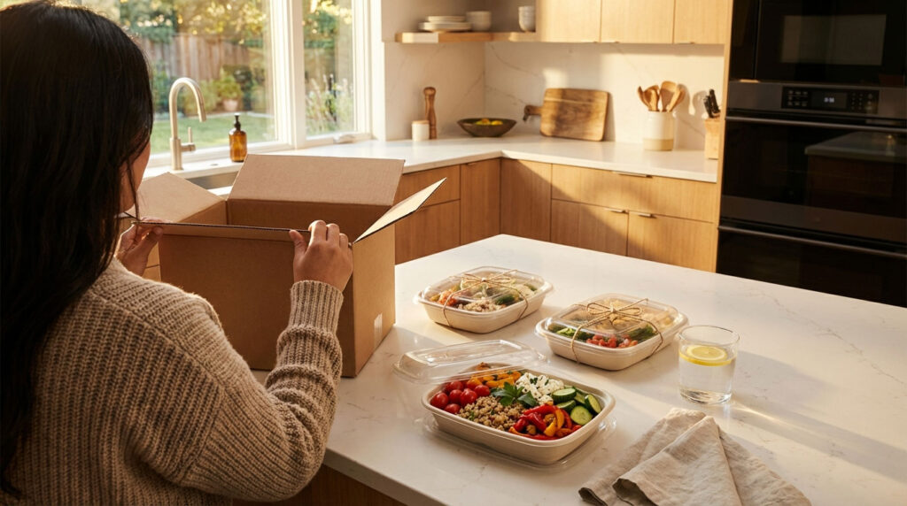 A woman opens a cardboard box in a kitchen, revealing meal containers and a glass of water with lemon.