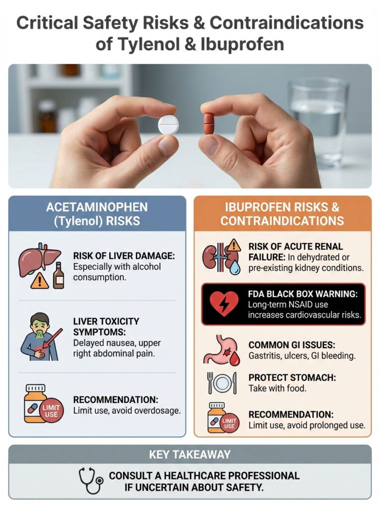Infographic detailing risks of Tylenol and Ibuprofen, including liver damage and renal failure warnings.
