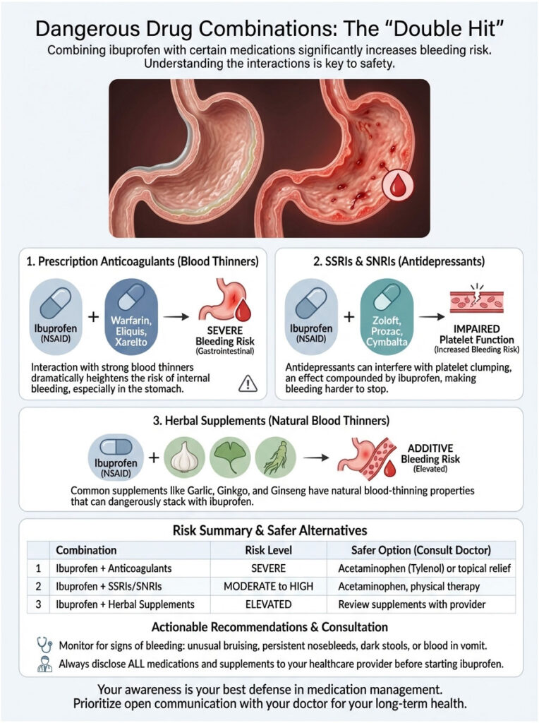 Infographic showing dangerous drug combinations with ibuprofen, highlighting bleeding risks and safer alternatives.