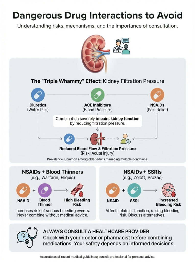 Infographic showing dangerous drug interactions, including diuretics, ACE inhibitors, and NSAIDs affecting kidney function.
