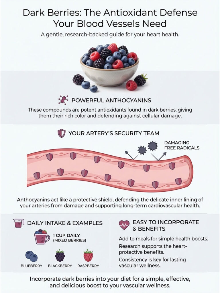 Infographic showing dark berries, their health benefits, and anthocyanins' role in vascular health.