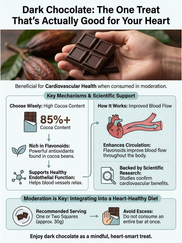 Infographic about dark chocolate's cardiovascular benefits, featuring cocoa content, flavonoids, and serving suggestions.