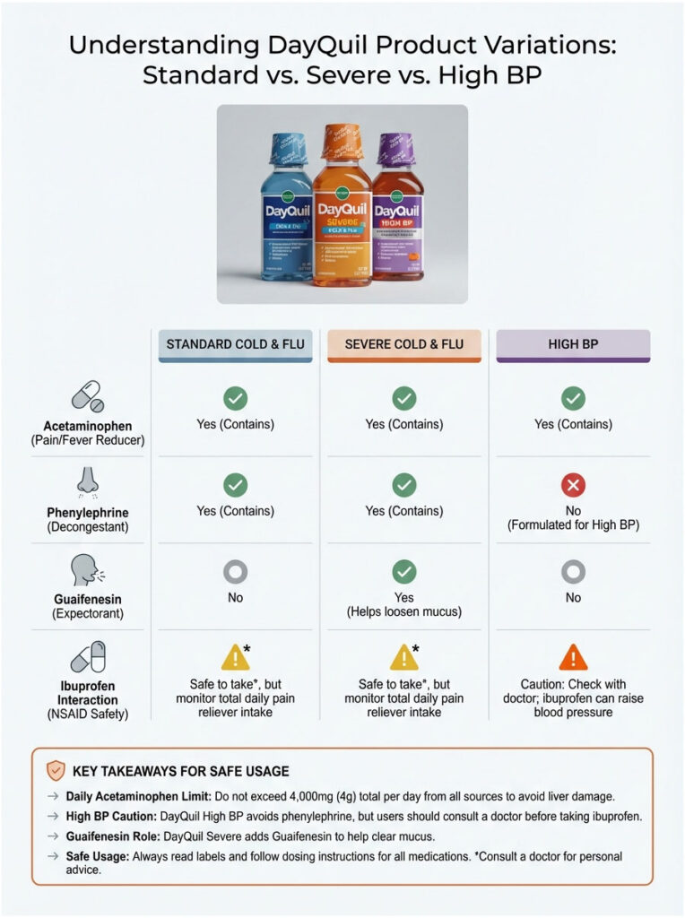 Infographic comparing DayQuil product variations: Standard, Severe, and High BP with key ingredients and safety notes.