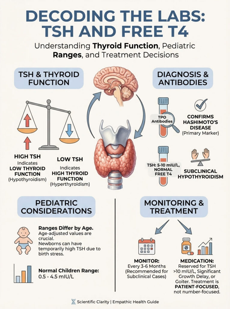 Infographic explaining TSH and Free T4, thyroid function, pediatric ranges, and treatment decisions with illustrations and data.