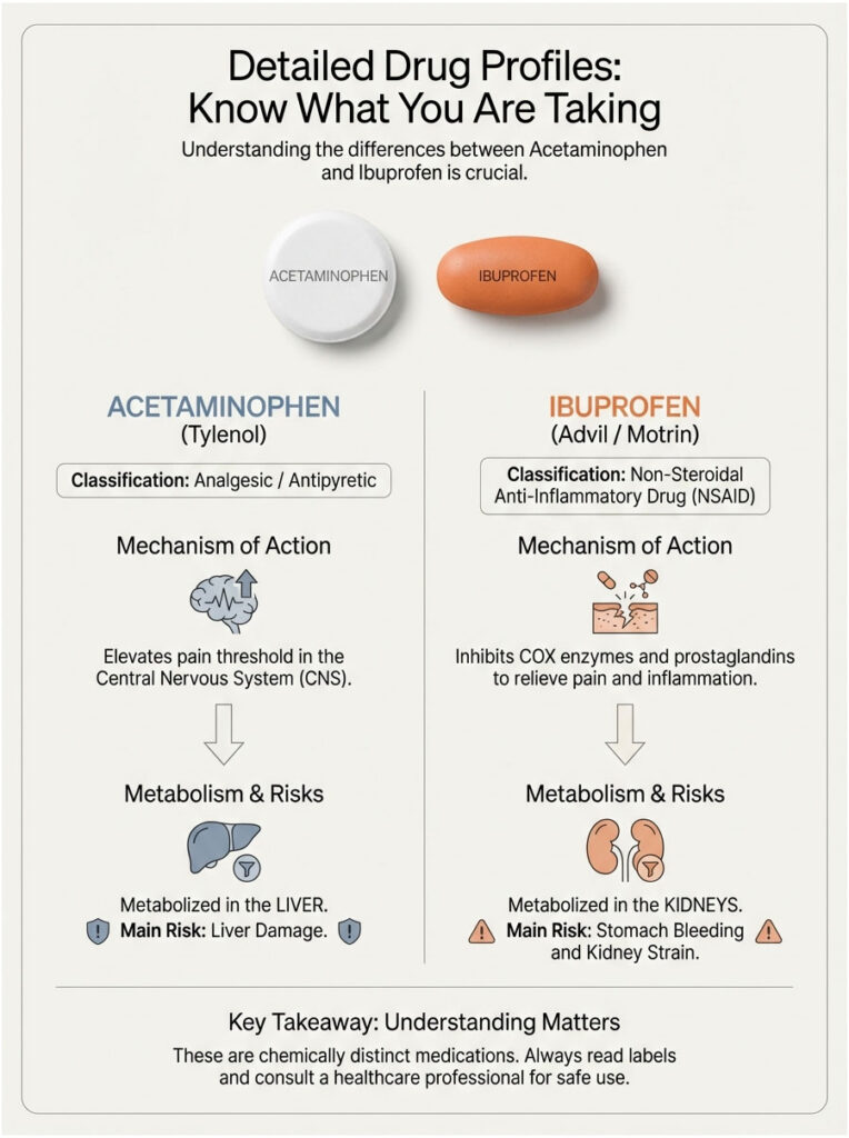 Infographic comparing Acetaminophen and Ibuprofen, detailing classifications, mechanisms, metabolism, and risks.