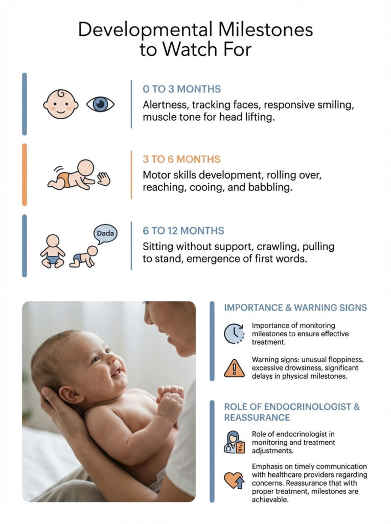 Infographic detailing developmental milestones for infants aged 0 to 12 months with illustrations and key points.