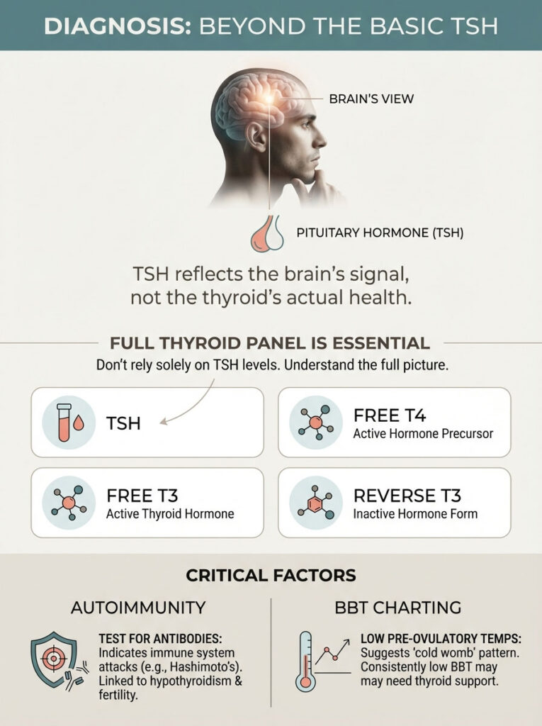 Infographic explaining thyroid health, featuring TSH, Free T3, Free T4, and Reverse T3 with illustrations and charts.