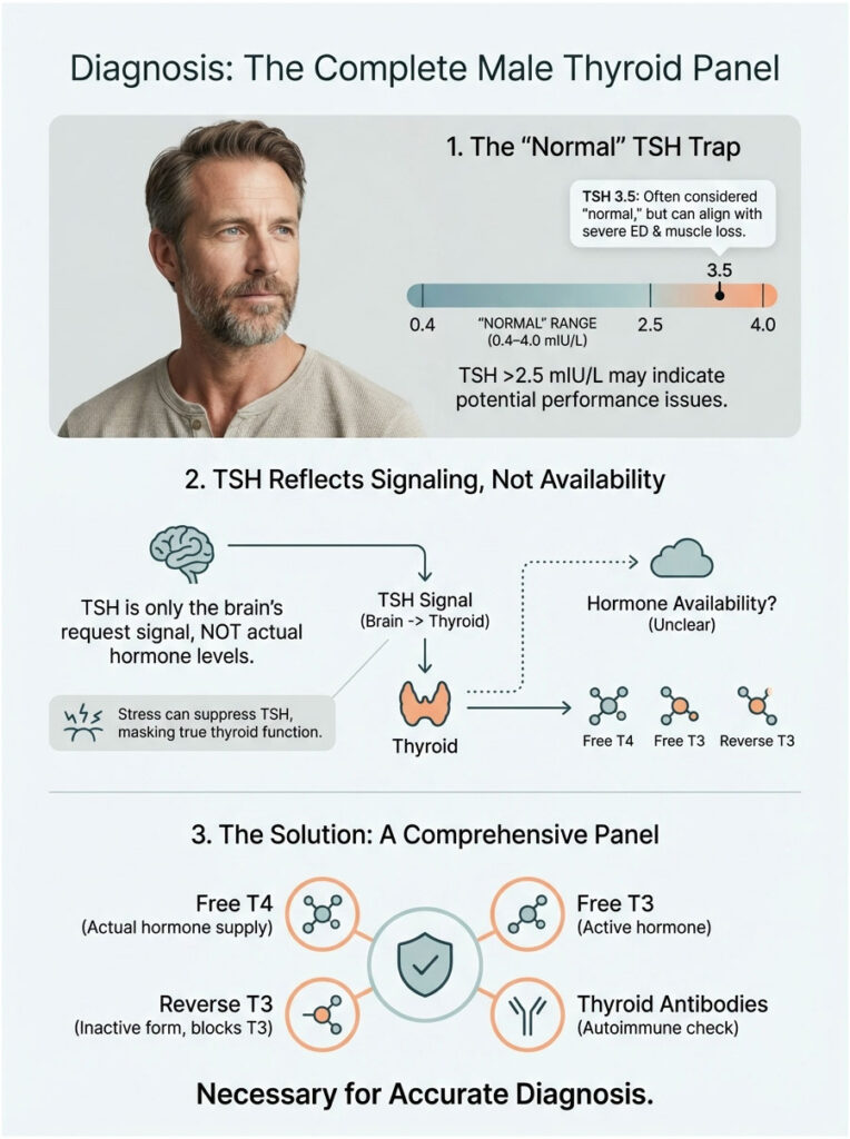Infographic explaining the male thyroid panel, featuring TSH levels, hormone signaling, and testing solutions.