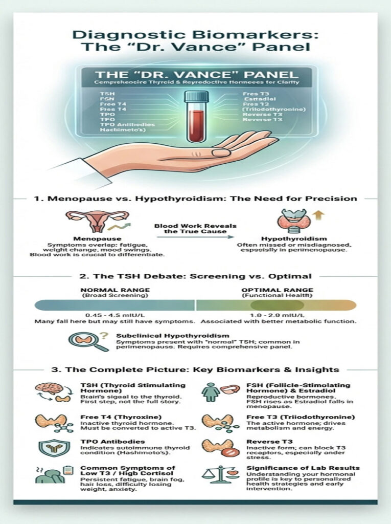 Infographic detailing the "Dr. Vance" panel for thyroid and reproductive hormones, including key biomarkers and insights.