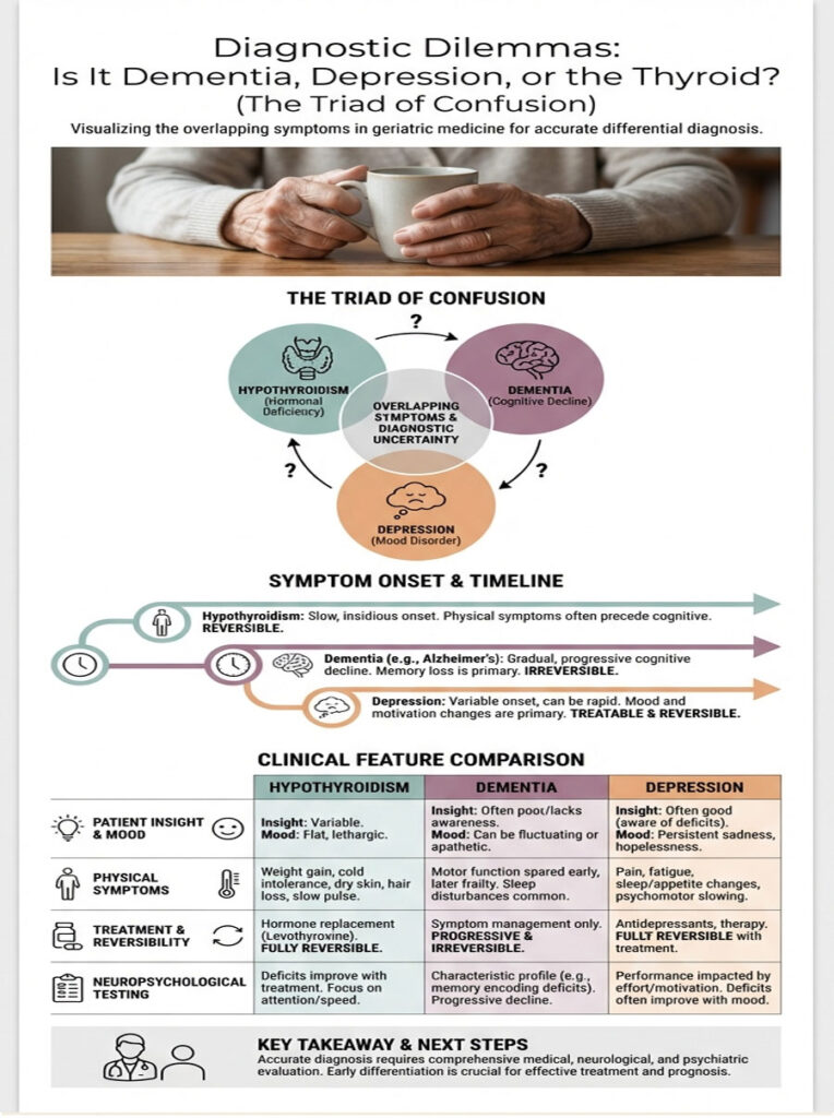 Infographic comparing symptoms of hypothyroidism, dementia, and depression with charts and timelines.