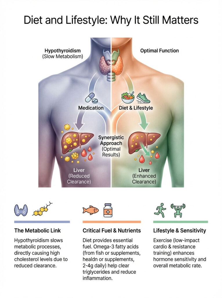 Infographic showing the impact of diet and lifestyle on hypothyroidism and liver function with icons and text.