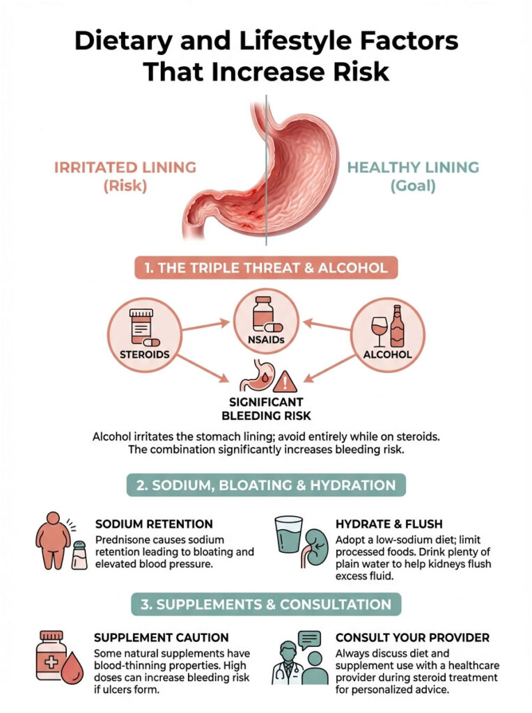 Infographic on dietary and lifestyle factors increasing risk, showing stomach lining, risks, and health tips.
