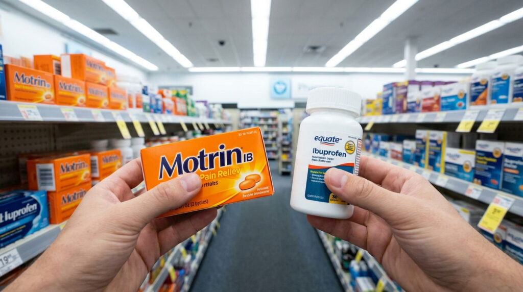 A person holds Motrin IB and Equate Ibuprofen in a pharmacy aisle filled with medication boxes.