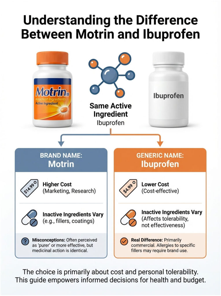 Infographic comparing Motrin and Ibuprofen, highlighting cost, ingredients, and misconceptions.