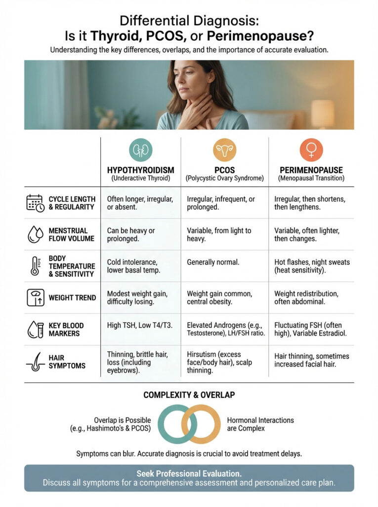 Infographic comparing symptoms of Hypothyroidism, PCOS, and Perimenopause with charts and icons.