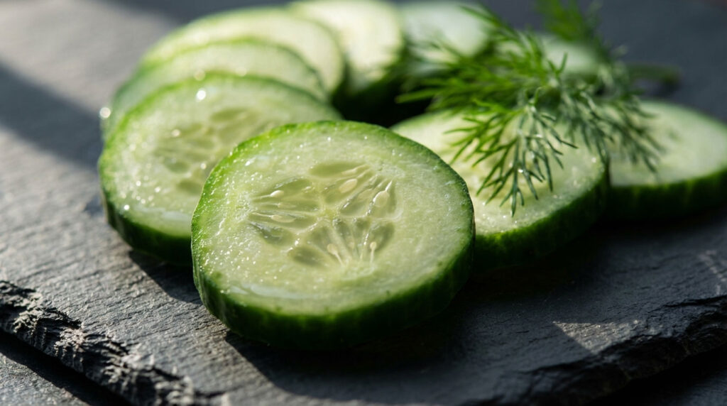 Fresh cucumber slices arranged on a dark slate surface with dill sprigs nearby.