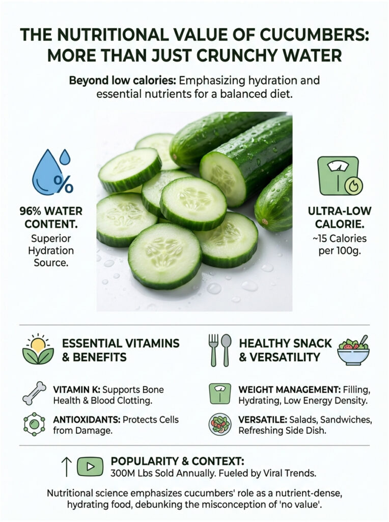 Infographic showing cucumber benefits, including 96% water content, vitamins, and low calorie information.