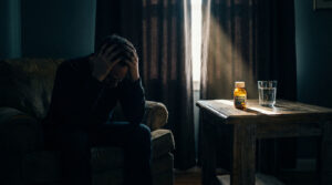 A man sits on a couch, holding his head in despair, with a bottle of medicine and a glass of water on a table.