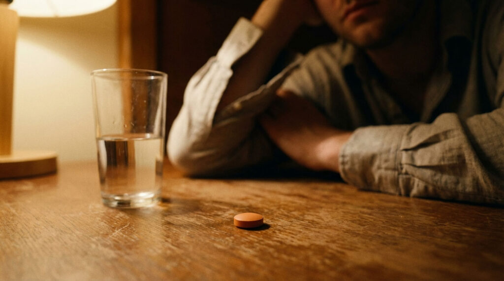 A man rests his head on his hand, staring at an orange pill on a wooden table next to a glass of water.