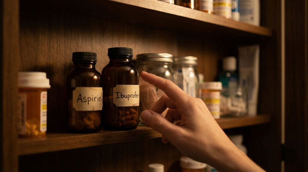 A hand reaches for brown bottles labeled Aspirin and Ibuprofen on a wooden shelf filled with various medications.