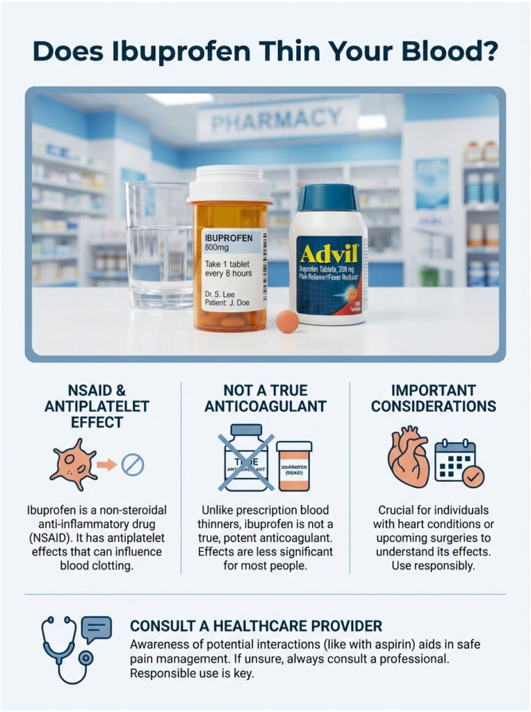 Infographic explaining ibuprofen's effects on blood thinning, featuring medication bottles and key information.