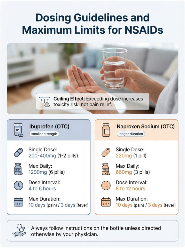 Infographic showing dosing guidelines for Ibuprofen and Naproxen Sodium with dosage details and maximum limits.
