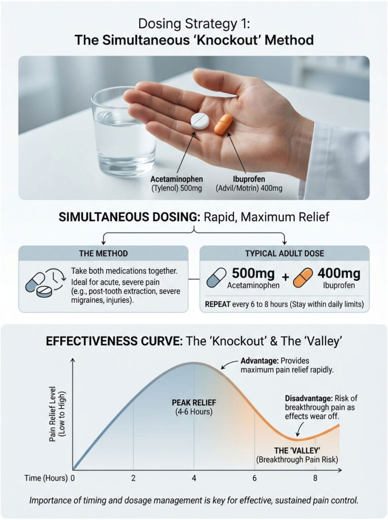A hand holds acetaminophen and ibuprofen pills with a glass of water, detailing simultaneous dosing for pain relief. Infographic.