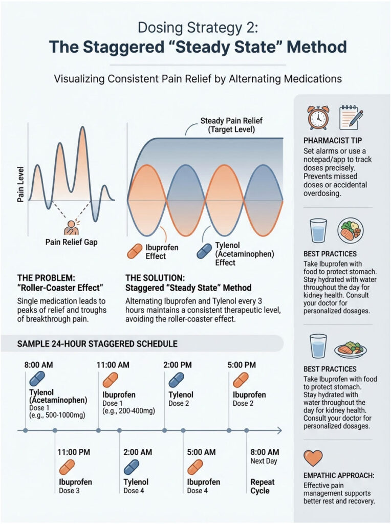 Infographic illustrating the Staggered "Steady State" method for pain relief using Ibuprofen and Tylenol with a schedule.