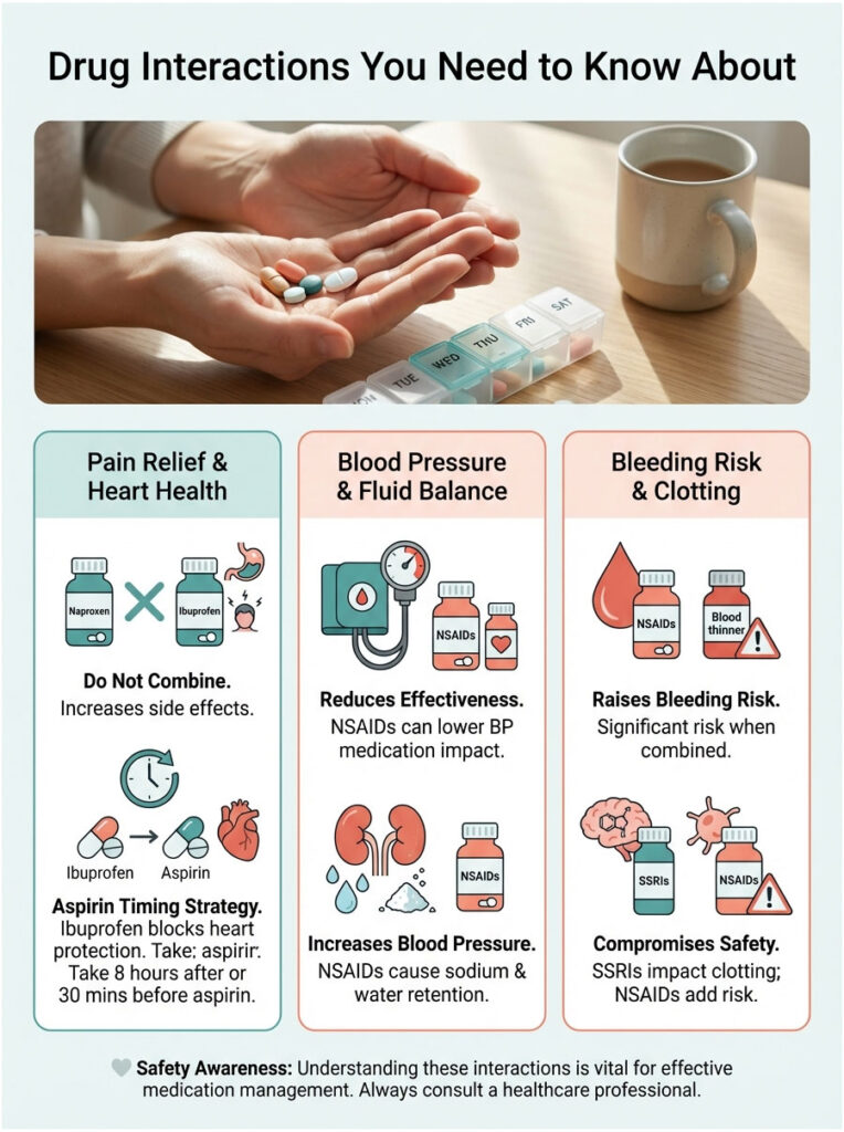 Infographic showing drug interactions with icons for pain relief, blood pressure, and bleeding risks.
