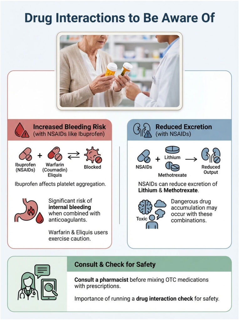 Infographic showing drug interactions, highlighting bleeding risks with ibuprofen and reduced excretion of lithium and methotrexate.