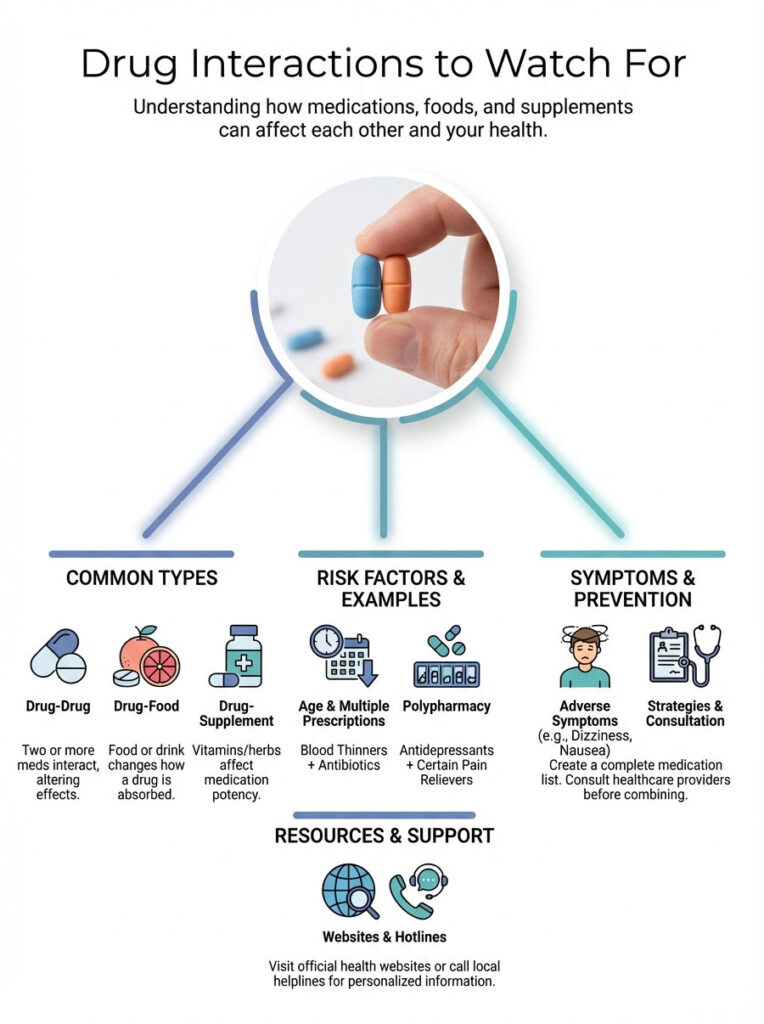 Infographic showing drug interactions with pills, categories, and risk factors for health impacts.