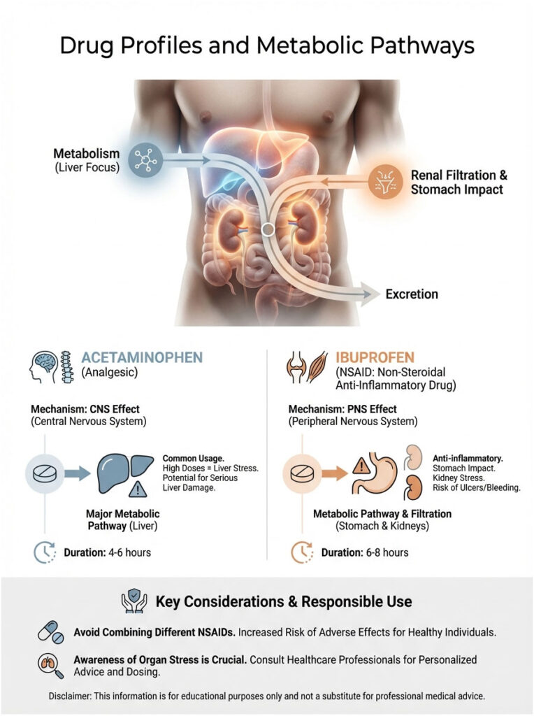 Infographic showing drug profiles for acetaminophen and ibuprofen, detailing metabolism, mechanisms, and key considerations.
