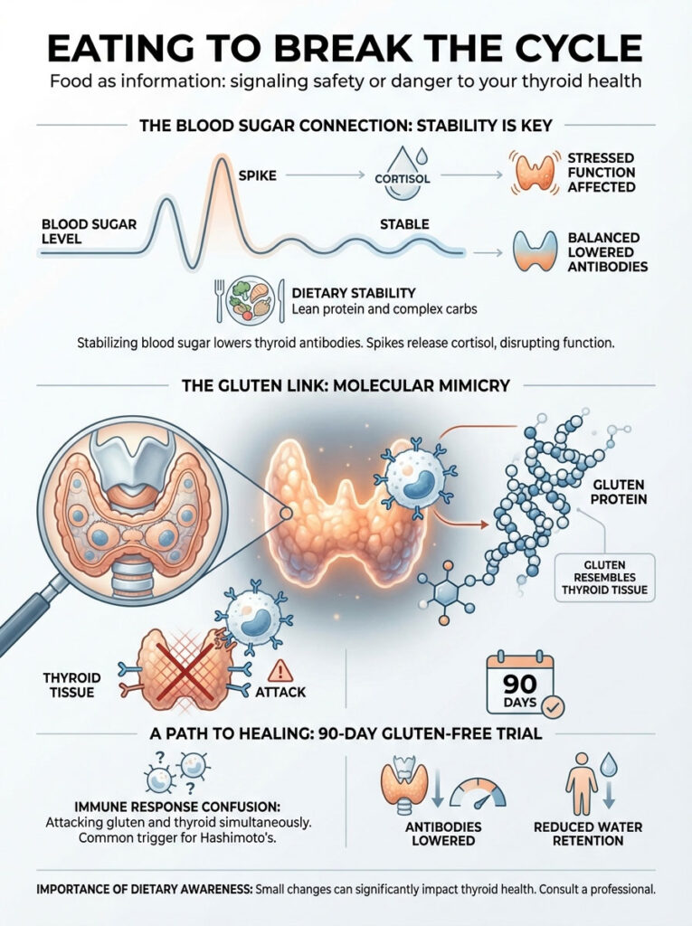 Infographic explaining blood sugar stability and gluten's impact on thyroid health with charts and illustrations.
