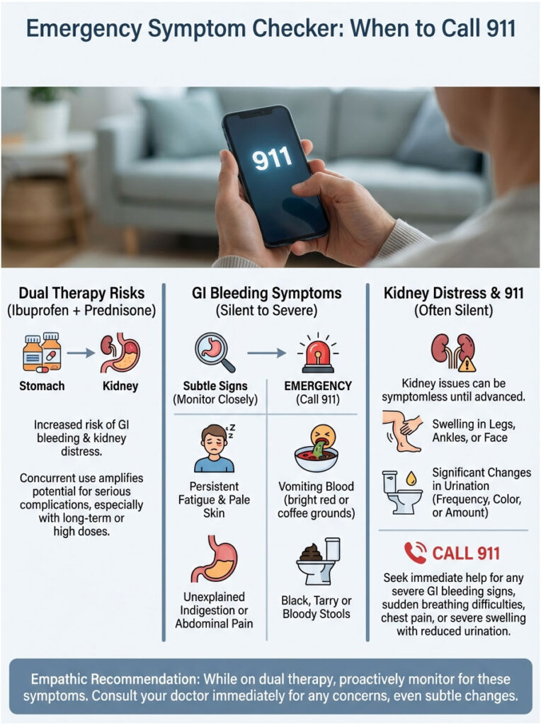 Infographic on emergency symptoms, including dual therapy risks, GI bleeding signs, and kidney distress indicators.