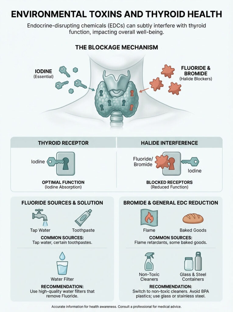 Infographic showing the impact of environmental toxins on thyroid health, detailing iodine, fluoride, and bromide effects.