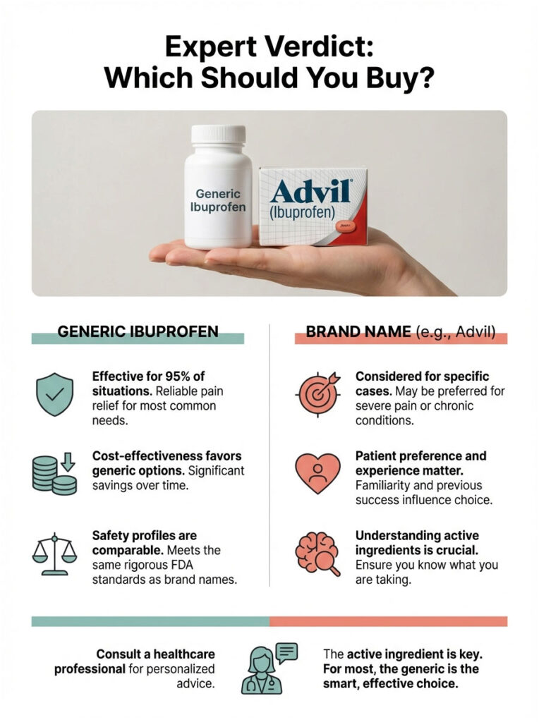 Infographic comparing Generic Ibuprofen and Advil, highlighting effectiveness, cost, safety, and advice.