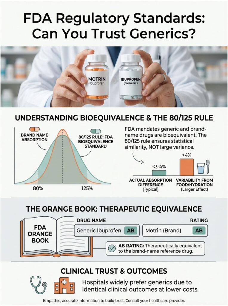 Infographic showing FDA standards for generics, comparing Motrin and Ibuprofen, with bioequivalence data and charts.