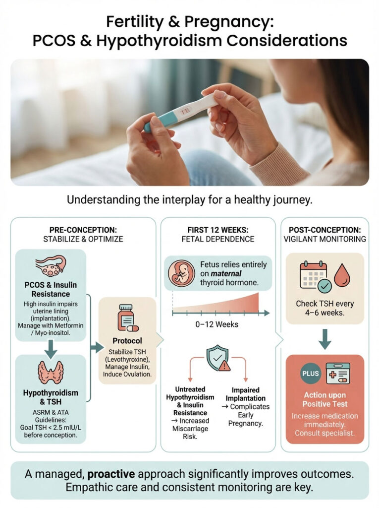 Infographic on fertility and pregnancy considerations for PCOS and hypothyroidism, featuring charts and protocols.