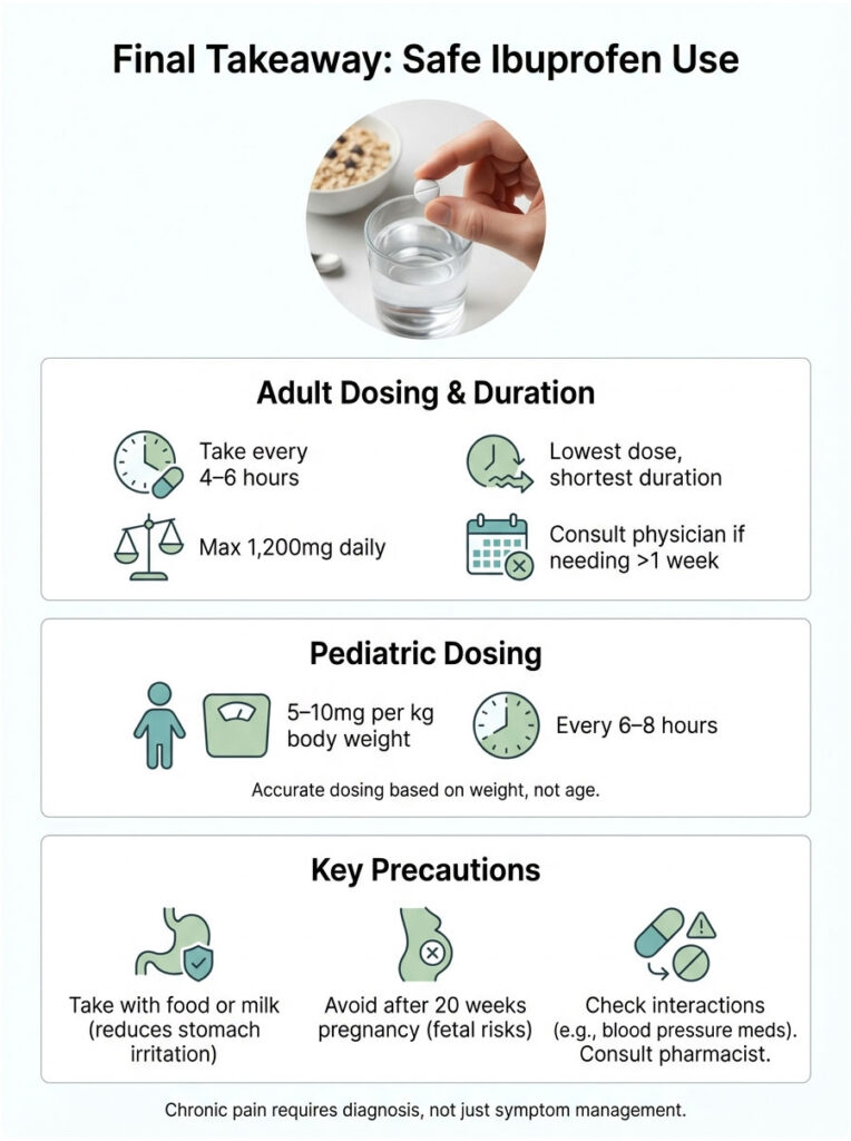 Infographic detailing safe ibuprofen use, including dosing for adults and children, precautions, and visual icons.