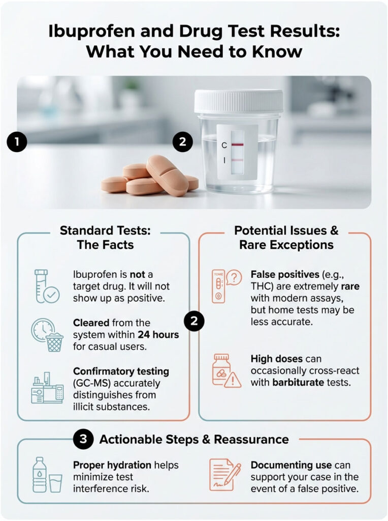 Infographic explaining ibuprofen's impact on drug tests, featuring facts, exceptions, and actionable steps with icons.