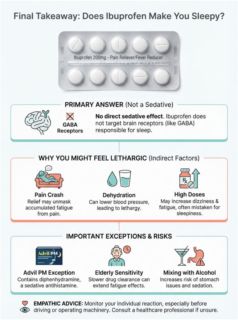 Infographic explaining ibuprofen's effects, including dosage, lethargy causes, and exceptions like Advil PM.