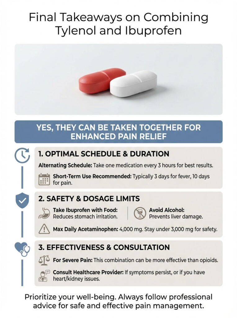 Infographic detailing guidelines for combining Tylenol and Ibuprofen, including dosage and safety tips.