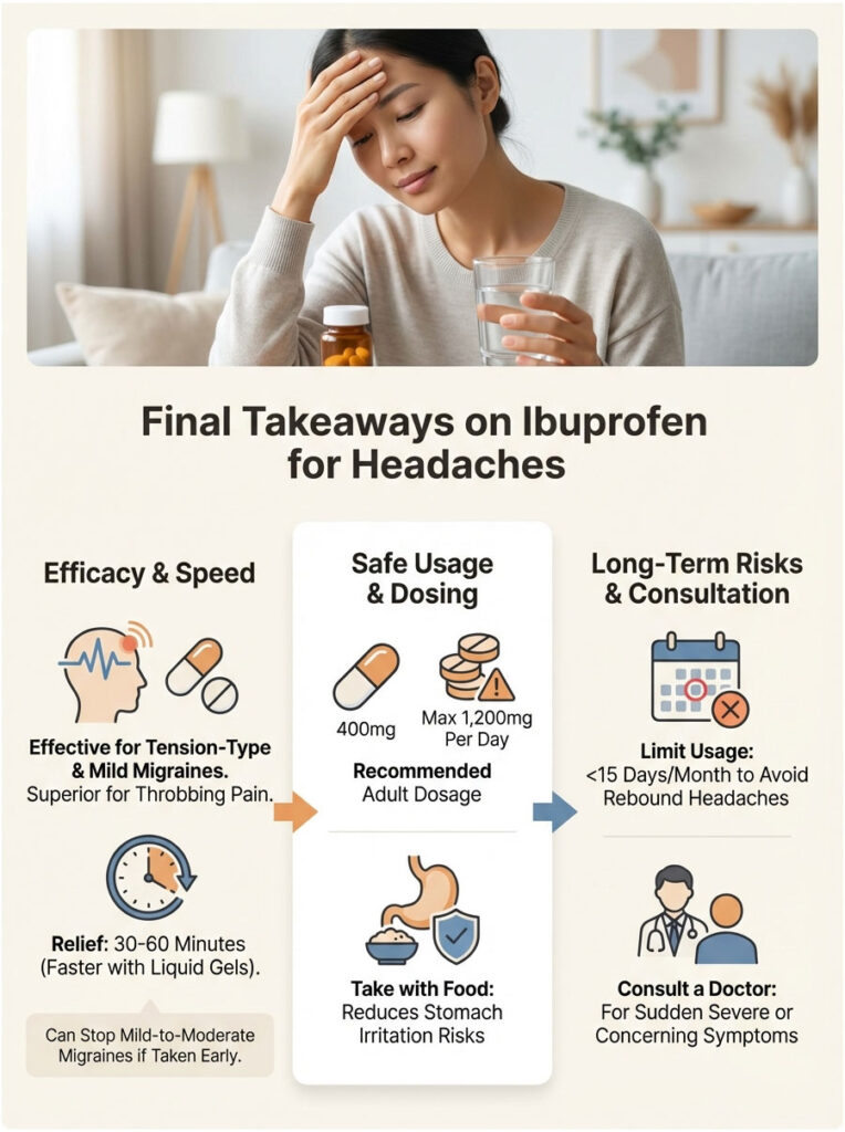Woman with headache holds water and ibuprofen, detailing usage, dosage, and risks in an infographic.