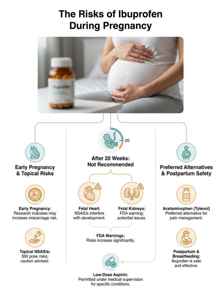 Infographic detailing risks of ibuprofen during pregnancy, including early pregnancy and alternatives like acetaminophen.