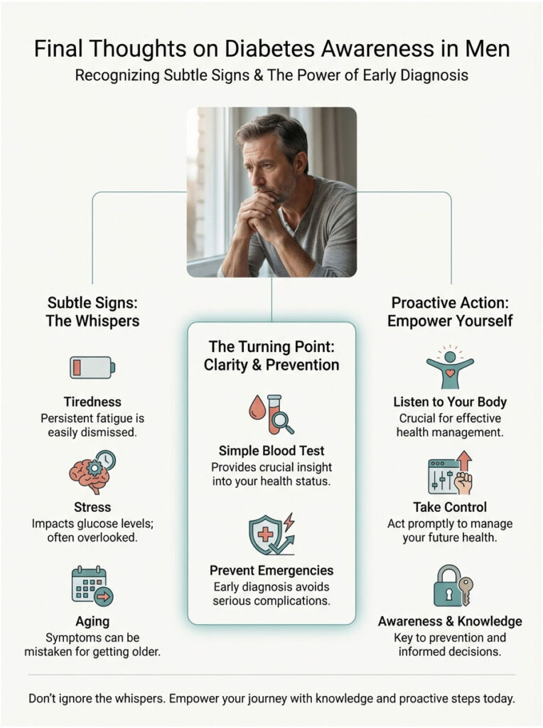 Infographic on diabetes awareness in men, highlighting subtle signs, prevention, and proactive actions for health management.