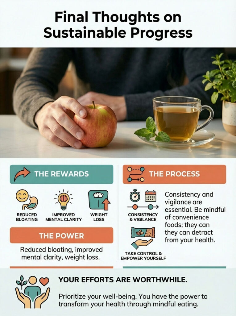 A person holds an apple beside a cup of tea, with text on sustainable progress and health rewards infographic.